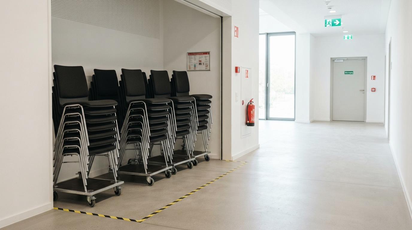 Redaktionelles Titelbild zum Beitrag: Normgerechte Lagerung von Stapelstühlen: Brandschutzabstände und Fluchtwegsicherheit