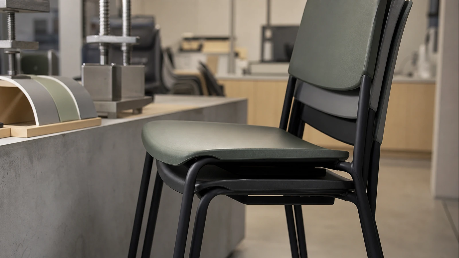 Professionelles redaktionelles Titelbild zum Beitrag: Sitzschalen-Flex bei Stapelstühlen: Komfortmerkmal oder Warnsignal für Materialermüdung